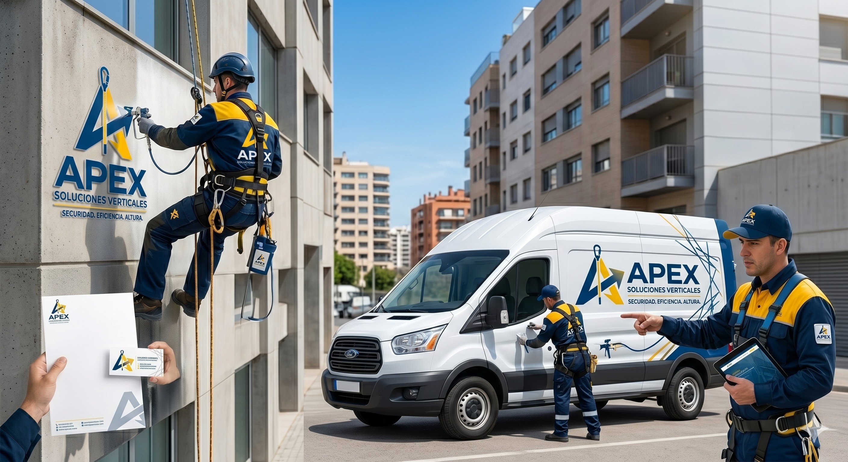 Vehículo corporativo y técnicos acudiendo a reparación urgente fachada